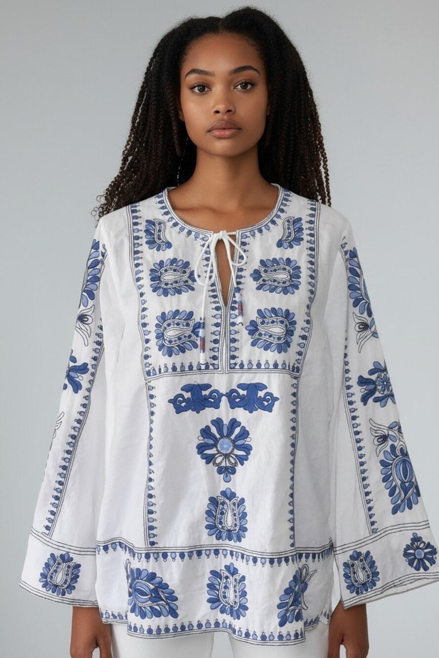 A4 NEW SOFT SURROUNDINGS White Cotton W/Blue Embroidery Long Sleeve Top Size XL